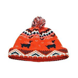 Old Navy Fair Isle Knit Beanie Hat Red with Lama Design Pom Pom Size S-M Acrylic